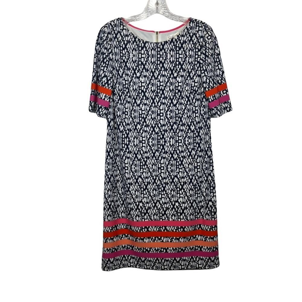 Eliza J Navy + White Printed Shift Dress With Coral + Pink Stripes Size Woman's